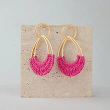 Raffia Hoop Earrings For Women Fun Boho Summer Beach Earrings Lightweight Handmade Straw Wicker Rattan Dangle Earrings Statement Geometric Round Drop Earrings - HotPink-teardrop - View 6