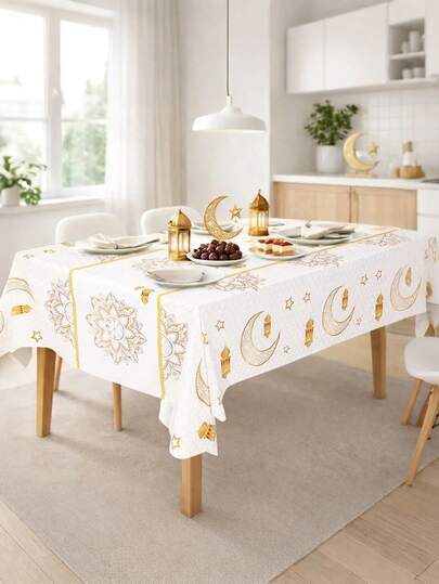 2pcs Set Vintage White Background With Platinum Star & Moon Pattern Waterproof Tablecloth, 86.6 X 51.1 Inches Rectangular Wipeable Tablecloth For Kitchen/Dining Table, Suitable For Parties, Ramadan Decorations, Party Gifts, Home Decor, Holiday Gatherings, Birthday Celebrations And Themed Events