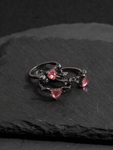 3pcs/Set Dark Wing, Pink Rhinestone Heart & Bow Punk Style Fashion Rings Set For Women - Grey - View 4