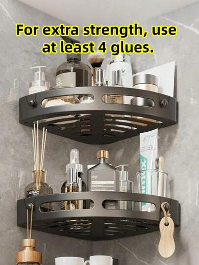 1pc Black Curved Plastic Shower Corner Shelf, Suction Cup & Adhesive Dual-Use Wall Mounted Storage Rack, No Drilling Required, Removable & Large Capacity, Suitable For Bathroom & Kitchen Corner, Ideal For Storing Shampoo, Cosmetics, Towels, Great Gift For Valentine's Day, Ramadan, Mother's Day Bathroom Accessories