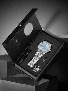 TOMI Men's Quartz Watch With Crown Brooch Ring, Stainless Steel Strap, Honeycomb Dial, Calendar, Suitable For Daily Life, Business Events, Father's Day, Valentine's Day, Christmas, Gift Set - Silver - View 7