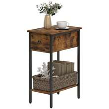 Side Table With Open Compartment And Drawer, Bedside Table, Metal Legs, Wood, Brown