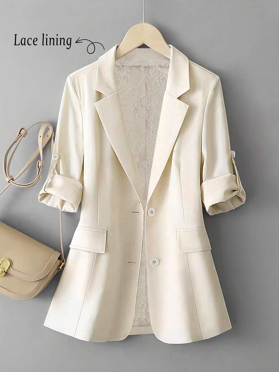 Women's Casual Commuter Lace Lining Design Single-Breasted Fitted Adjustable Rolled Sleeve 3/4 Sleeve Blazer - Apricot - View 1