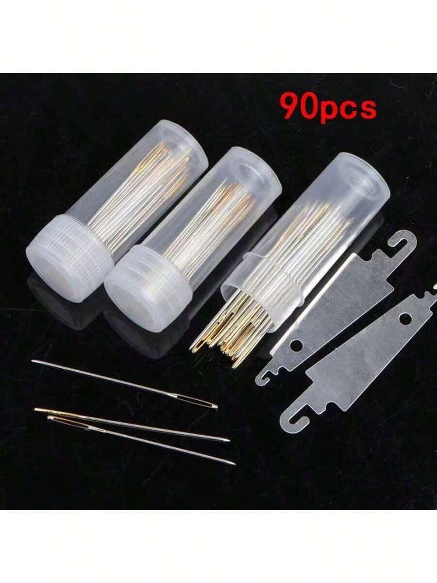 EDCUEBE7 90 igieł do haftu krzyżykowego z przezroczystym pojemnikiem, 2 nawlekacze, 3 rozmiary (22#, 24#, 26#) Igły do haftu krzyżykowego DIY (kolory akcesoriów są losowe) - 90 szt. + 2 szt. przeciągaczy kablowych - Zobacz 1