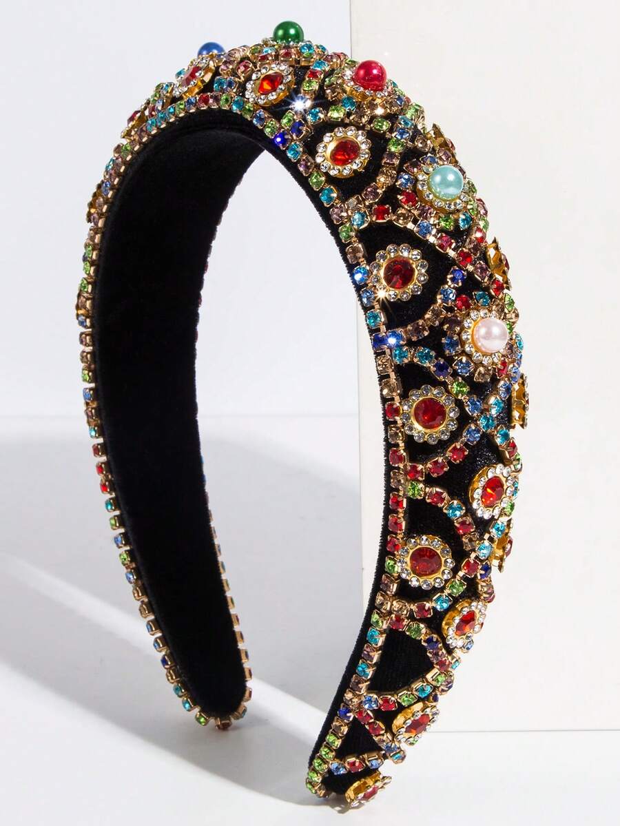 1件装女士韩版丝绒海绵发箍，复古魅力闪亮玻璃钻石珍珠装饰奢华百搭优雅头饰，发带，发箍 - FG346-彩色 - 查看 1