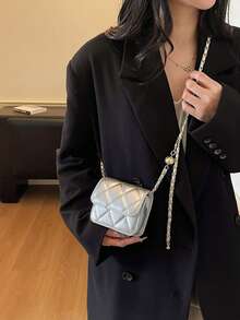 Primavera e Verão, Simples e Versátil, Textura de Alta Qualidade, Alça de Corrente de Bola de Ouro com Bordado de Strass, Pode Ser Usado sobre o Ombro e Axila, Mini Bolsa para Batom - Prata - Visão 4