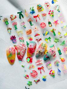 1 Sheet Fresh & Sweet Spring Vibe Nail Art Stickers, Featuring Pearlescent Iridescent Design With Floral Bouquet, Fruits (Peach, Grapefruit), Bow, Mini Bottle, Teacup, Puppy, Camera & Other Daily Items, Creating A Lovely Lifestyle Atmosphere, Suitable For Personal DIY And Nail Decoration - Multicolor - View 6