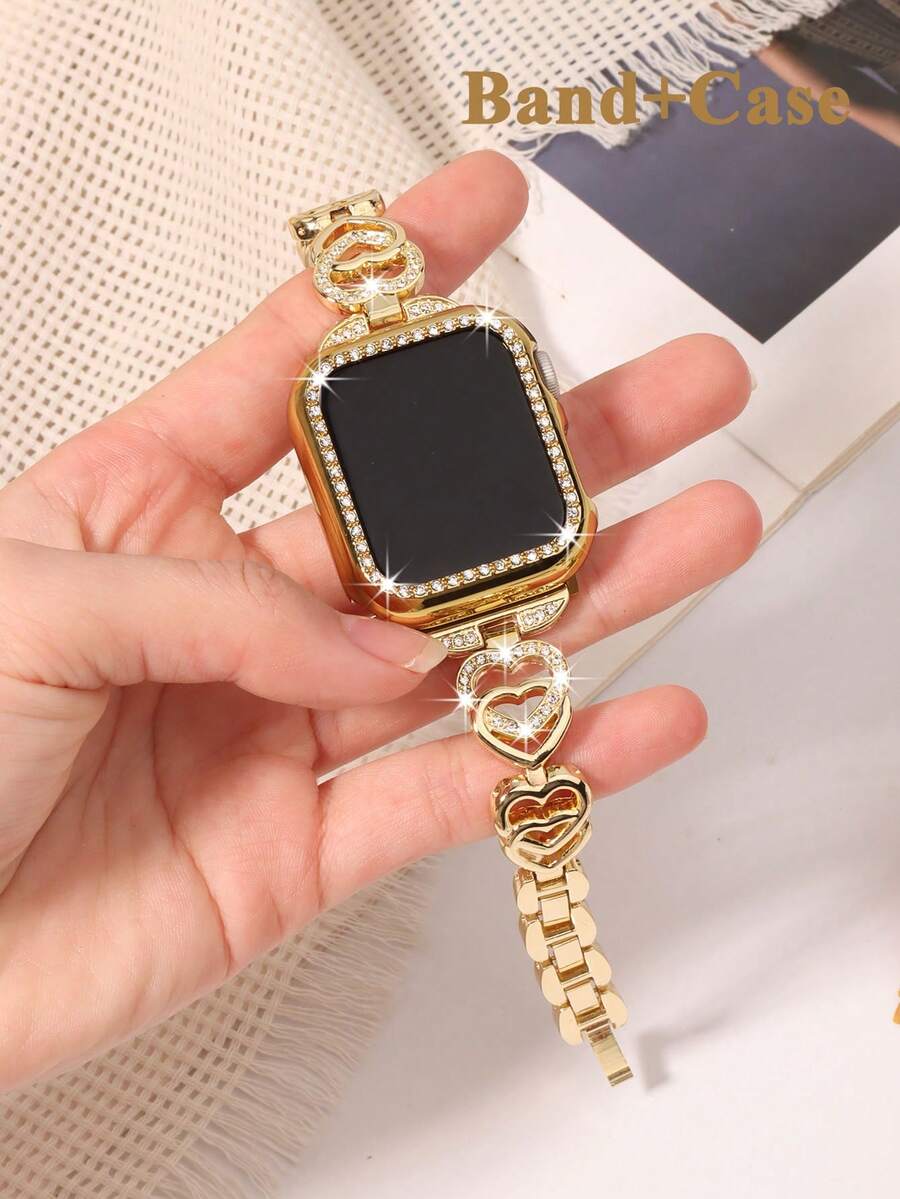 2Pcs/Set Men And Women Rhinestone Design Steel Strap Compatible With Apple Watch Band 40mm 38mm 40mm 41mm 42mm 44mm 46mm 45mm 49mm Compatible With Iwatch Series Ultra2 SE 11 10 9 8 7 6 5 4 3 2 1 Watch Accessories - Gold - View 1