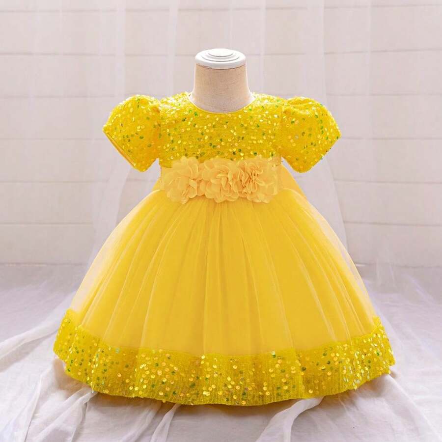 Pink Kids Clothes 2116 Big Bow 3D Flower Girls Frock Tulle Sequins Ball Gown Pageant Children Elegant Princess Prom Host Formal Evening Party Cocktail Dress 0-4Y - 黃色 - 查看 1