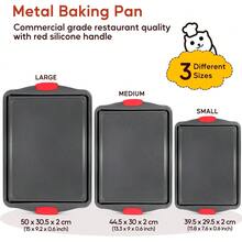 3 PiecesNonstick Kitchen Oven Baking Pans - Premium & Stylish Non-Stick Steel, Commercial Grade Restaurant Quality Metal Bakeware With Red Silicone Handles - Easy To Clean - Black - View 2