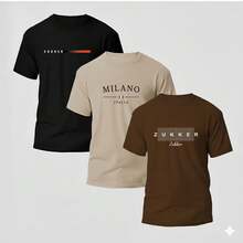 Set Of 3 Men's Crew Neck T-Shirts, Cotton Shirts, Comfortable Slim Fit, Immediate Shipping, Stylish Print, Various Colors - 黑色/米色/棕色 - 查看 1