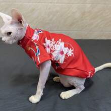 Sphynx Cat Clothes, Soft Fabric Red Butterfly Print, Festive For Autumn/Winter - Red - View 6