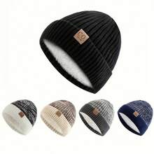 Men's Retro Winter Knit Hat - Thickened Fleece-Lined Earmuffs For Warmth, Navy Blue/White/Patterned Patches, Soft And Fluffy Lining - Durable Beanie For Winter Fitness, Outdoor And Everyday Use, Hand Washable, Comfortable Design, Reinforced Stitching Stripes, Casual Sports Headwear, Retro Style, Suitable For Outdoor Enthusiasts - 黑色 - 查看 8