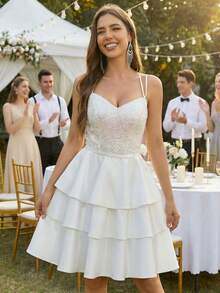 Elasola Đầm cưới kiểu vũ công ba lê hở lưng đính sequin cầu vồng, đầm dạ hội nhiều lớp cho lễ tốt nghiệp, dạ hội, tiệc cưới mùa hè thanh lịch. - trắng - Xem 6