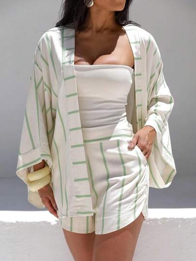 Árbora Eminence - Conjunto Feminino De Kimono E Shorts No Tecido Viscolinho Tamanho Único Veste 38 ao 42 Moda Verão