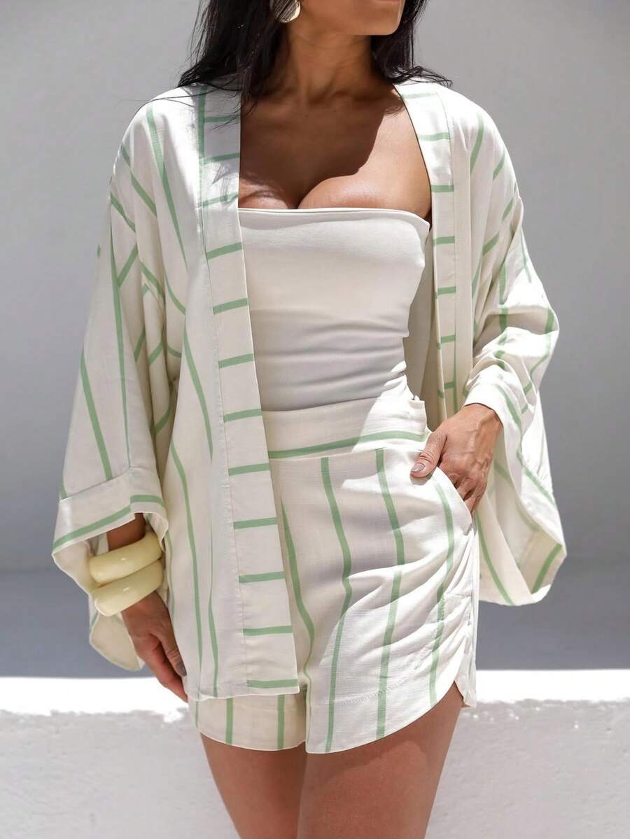 Árbora Eminence - Women's Kimono And Shorts Set In Viscose Linen Fabric, One Size Fits Sizes 38 To 42, Summer Fashion - Tắt/Xanh - Xem 1