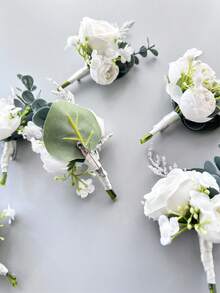 1pc/6pcs Artificial Silk Ivory Rose Flower Groom Boutonniere Man Brother Corsage Graduate Pin Suit Wedding Flowers Party Deocration - Milky White - View 6