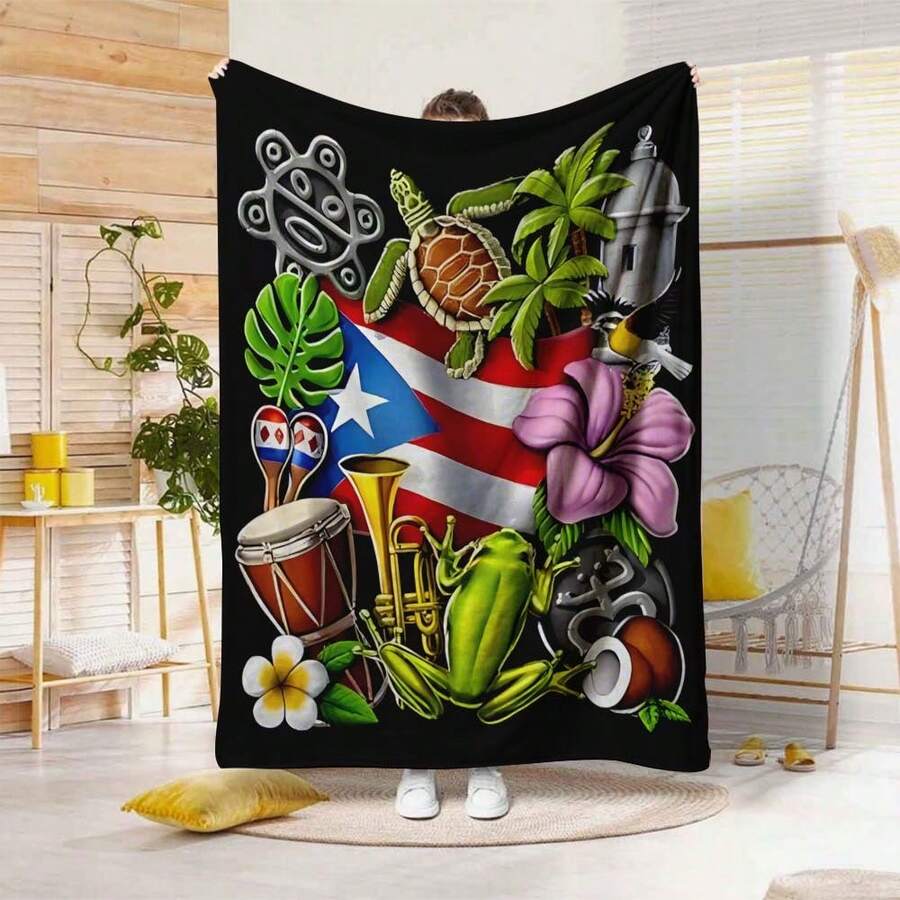 Puerto Rican Themed Flannel Blanket - Vibrant Cultural Prints With Flags, Symbols & Puerto Rico Text - Soft Warm Travel Digital Print,Suitable For All Seasons,      Washable And Machine-Washable, Lightweight, Breathable, Comfortable, Warm,  Unique, 280gsm For Him And Her, Perfect For Naps, Camping, Travel, Family, Daily Life, Office Decoration, Birthday Anniversaries, Valentine's Day, Thanksgiving, Christmas, Halloween, Mother's Day, Father's Day, Wedding,   New Year Gifts Provide Personalized Ideal Gifts For Her, Him, Family Members, Boyfriends,  Girlfriends, Fathers, Family Members, Mothers, Lovers,   Daughters, Sons,   Grandfathers, Grandmothers,     Friends, Classmates And Pets.     Sofa,Bed,Car,Bedroom,Living Room,Office,  Outdoor Camping, Beach,Wall Decoration - 多色9 - 查看 1