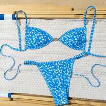 wohenmeili 女士夏季度假沙滩碎花比基尼套装 - 藍底白花 - 查看 2