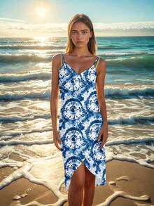 女士休闲度假无袖吊带背心罩衫，常规长度，中等弹力针织面料 - 藍色 - 查看 3