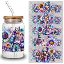 5 Sheets Floral Girl UV DTF Stickers Glass DTF Transfer Stickers UV DTF Transfer Stickers for Glass Cups DIY Water Bottle Glass Waterproof Rub on Transfers for 16 oz Tumbler - Verschiedenfarbig - Übersicht 2