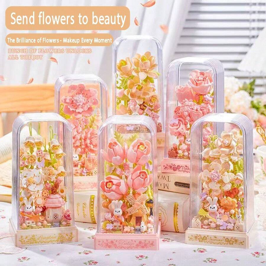 New Square Eternal Flower Strap Transparent Dust Cover, Independently Assembled Building Block Flowers, Simulated Flower Creative Ornaments, Display Ornaments, Suitable For Giving Friends Holiday Creative Gifts, Birthday Gifts