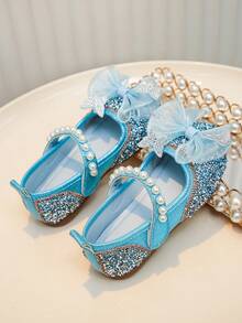 1 Pair Girls' Multi-Color Butterfly Rhinestone Shoes, Pearl Decor Princess Soft Bottom Shoes, Suitable For Spring, Summer, Birthday Party, School Performance, Ethereal And Gentle Little Shoes - Blue - View 5