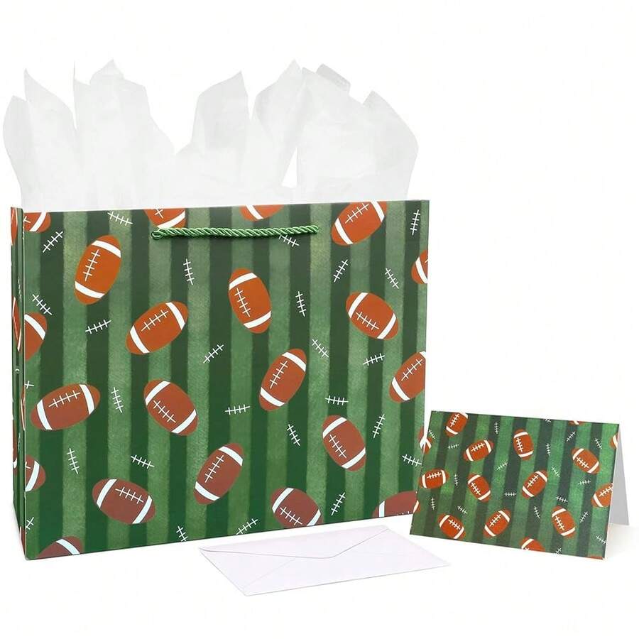 13" Football Party Favor Gift Paper Bags,Football Gift Wrap Bag With Tissue Paper For Sports Party Football Birthday Goodie Gifts Treat Wrapping Bags For Men - green - 查看 1