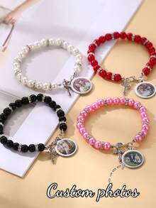 Customized Colorful Photo Beaded Bracelet With Cross, Fashionable Personalized UV Printed Couple Memory Photo Round Pendant Beaded Adjustable Handmade Photo Bracelet - Multicolored Beads - View 6