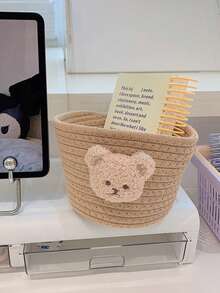 1pc Handmade Woven Storage Basket, Cartoon Bear Desk Organizer Box, Clips, Hair Ties, Makeup Brush Holder - Coffee Brown - View 10
