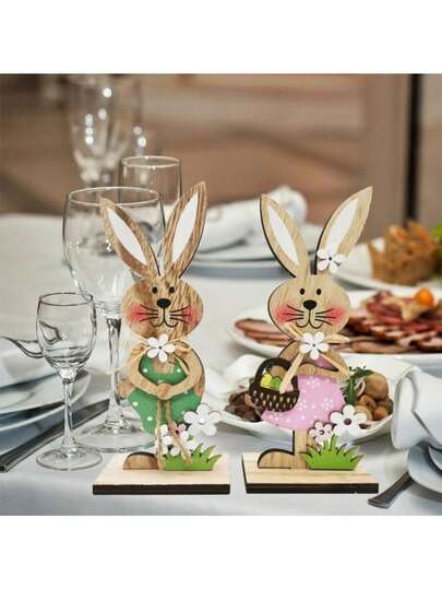 2件套木制复活节兔子桌面摆件，可爱经典的农舍风格多层兔子展示架，非常适合复活节花园和家居装饰，兔子配件，办公桌中心摆件，多层托盘家居装饰