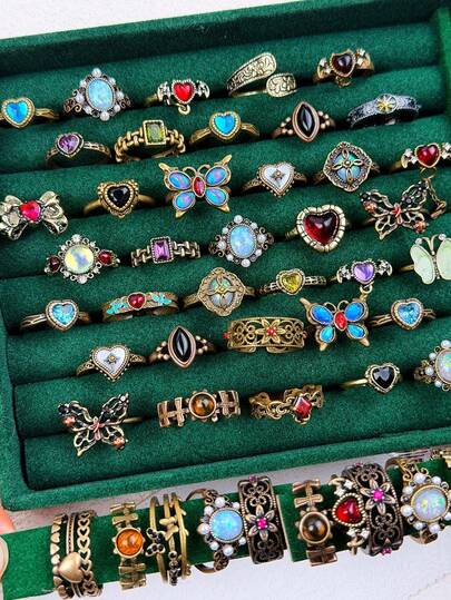 6/9/10/11/15/25pcs Women's Ring Set, Vintage Multicolor Faux Gemstone Ring Set, Luxury Versatile Jewelry Accessories