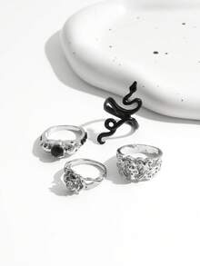 4pcs Fashion Hip Hop Punk Style Rhinestone Rings Set, Rose Flower & Snake Design Rings For Women