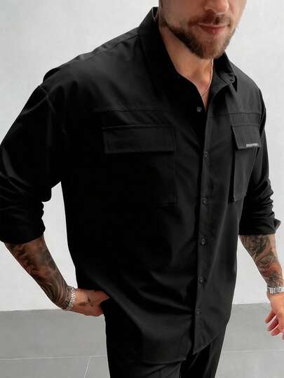 GloMan 男士实用复古风黑色工装衬衫，带 3D 口袋，长袖宽松翻领，适合度假、户外和日常穿着，父亲节礼物