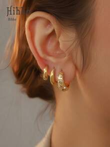 Hihho 3 Pairs Elegant & Fashionable Women's Jewelry Earrings Set, Featuring Various Designs Such As Fully Paved Rhinestone, Waist Chain, And Twisted Rope, Suitable For Daily Commute, Dates, Parties, Can Be Worn Alone Or Stacked, Matching Multiple Styles - Yellow Gold - View 6