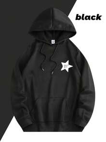 2026 Men's Fashion  Autumn Winter Kangaroo Pocket Hoodie, Star Letter Pattern Print, Casual Daily Comfortable Versatile Hooded Sweatshirt, Great Gift Loose And Comfortable, Casual And Easy-Going, Valentine's Day Hoodie For Couples, New Year Outfit For Women - màu đen - Xem 3