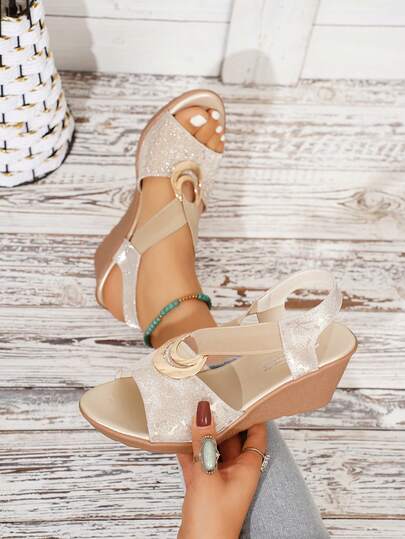 2026 Women's New Champagne Glitter Metallic Buckle Criss-Cross Strap Open Toe Thick Platform Wedge Sandals