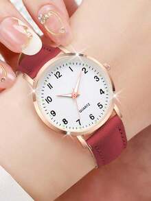 3pcs Minimalist Casual Women's Quartz Watches, Women's Gold Accessory Set (Includes Rose Gold Frame With Black/Red/White Leather Straps, Numeric And Rhinestone Dial Quartz Watches). Featuring A Rose Gold Frame Base With Black, Red, And White Leather Straps - Multicolor - View 5