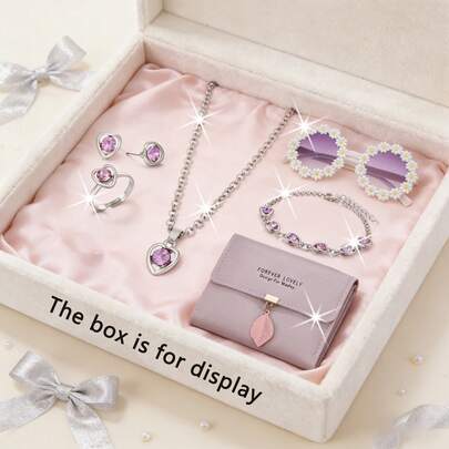 7pcs Women Fashion Versatile Casual Solid Color PU Leather Wallet, Heart Rhinestone Necklace Bracelet Earrings Ring Set, Essential For Valentine's Day/Party/Ramadan/Mother's Day, Perfect Gift For Girlfriend/Mother