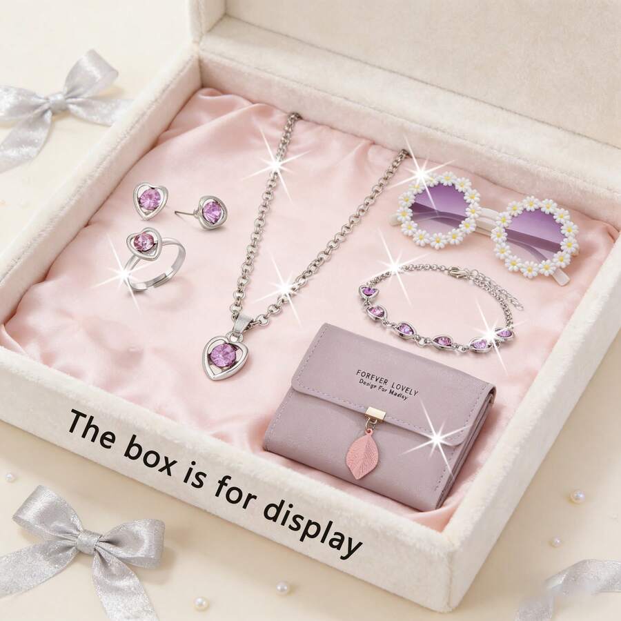 7件套女士时尚百搭休闲纯色PU皮钱包，心形水钻项链手链耳环戒指套装，情人节/派对/斋月/母亲节必备，送给女友/妈妈的完美礼物