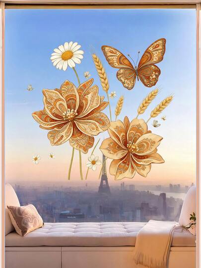 1pc Elegant Floral & Butterfly Window Sticker, Natural Style, Suitable For Glass Windows, Balconies, Cafes And Boutiques, Ideal Gift For Adults Who Love Floral Decor And Nature Themes, Perfect For Friends, Family And Decor Enthusiasts