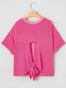 Acelitt 女士玫瑰红罗纹镂空蝴蝶结休闲圆领短袖T恤，夏季 - 西瓜粉 - 查看 3