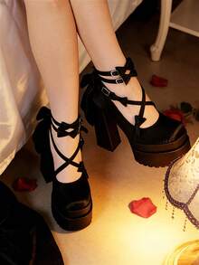 Womens Mary Jane Heels Platform Chunky Bow Heels Goth Square Toe Shoes Chunky High Heel Satin Y2K Heels - Đen 2 - Xem 8