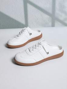New Round Toe Hollow Breathable Women Casual Sport Shoes, Classic Lace-Up Backless Slip-On Fashion Color Block Flat Vacation Slouchy Shoes, European Size, Cross-Border E-Commerce,Sneakers For Women - Grey - View 4