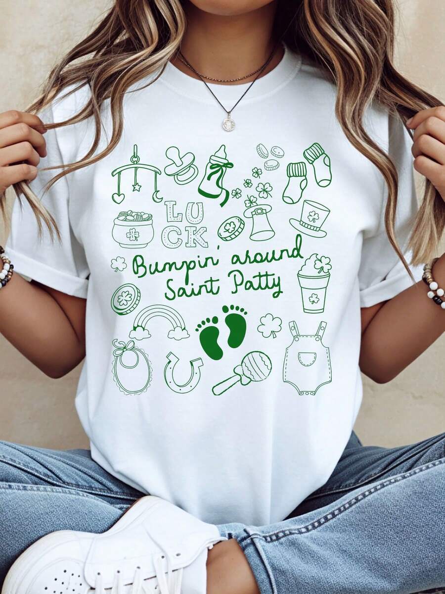 Bumpin Around Saint Patty Lucky Pregnancy Shirt St Patrick Day Maternity Tee Green Irish Baby Shower Gift Women Casual T-Shirt,220g - 白色 - 查看 1