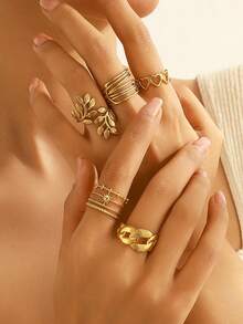 5pcs Stainless Steel Fashionable Leaf Geometric Pattern Open Rings, Suitable For Women's Daily Wear - Yellow Gold - View 8