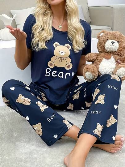 Navy Blue Short Sleeve Top And Printed Pants 2 Pieces Pajama Set For Women