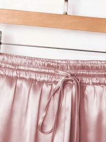 1 pieza Pantalones con cintura de cordón de tela tejida de unicolor, adecuados para vacaciones, regreso a la escuela, fiestas, aeropuerto, escenario y conciertos, otoño/invierno con acabado - Rosa Pálido - Ver 3