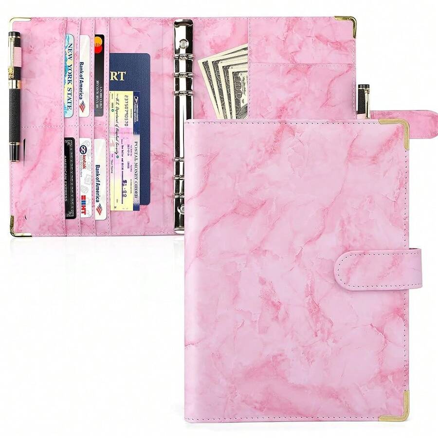 A5 Refillable 6 Ring Binder Cover Marble Pink Loose Leaf Personal Planner Binder Cover With Magnetic Buckle Closure For Women,6 Ring A5 Binder - 大理石粉紅色 - 查看 1