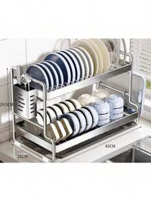 大容量不锈钢双层沥水架 - 带滴水盘、砧板架和餐具架 - 多功能防锈沥水架,适用于家用厨房台面 - 节省空间,易于清洁,厨房好帮手 - 彩色 - 查看 11